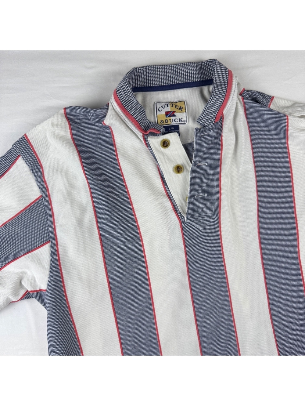 VINTAGE Cutter & Buck Men's Large Striped Polo Shirt Blue White Red Cotton